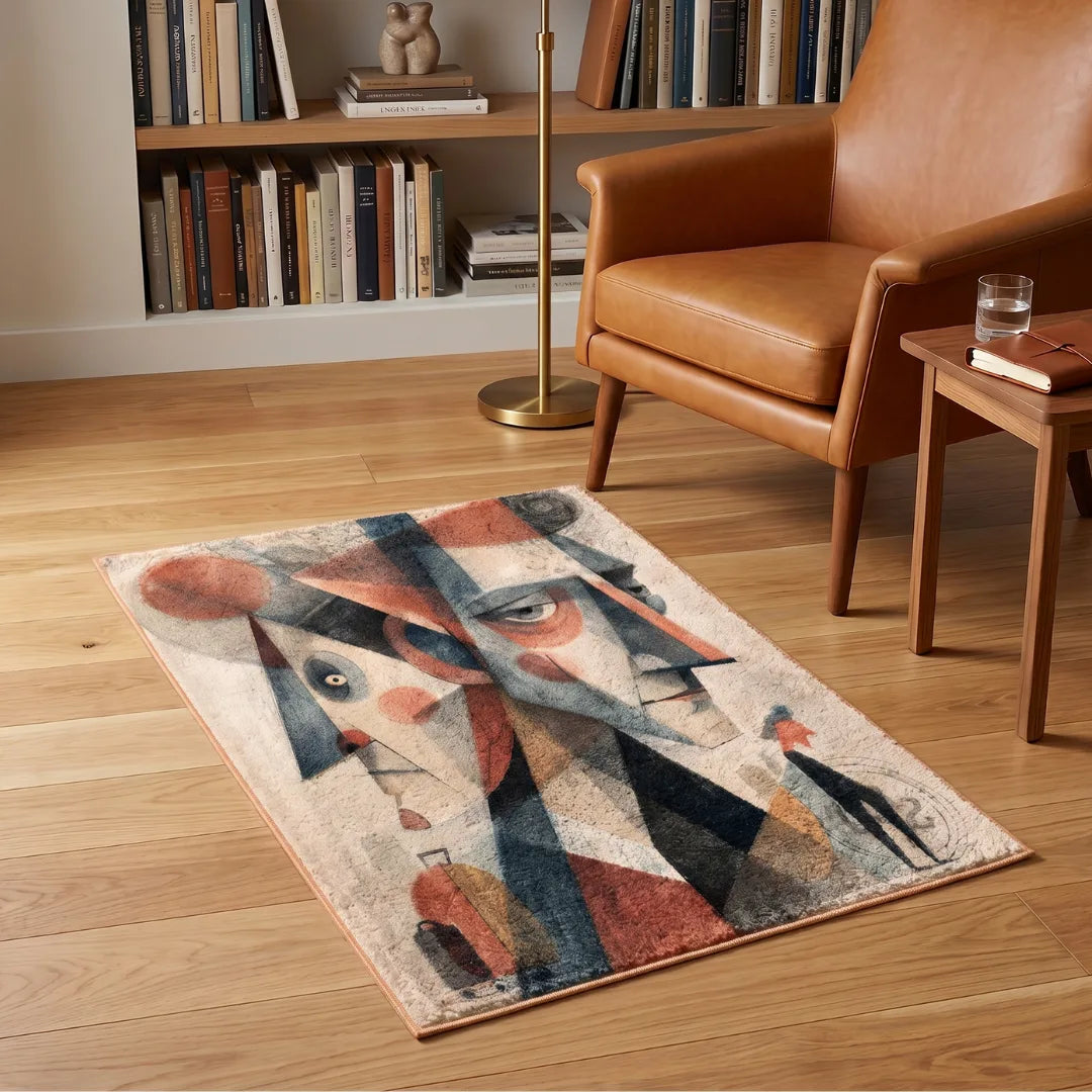 Stamp inspired expressionism rug living room