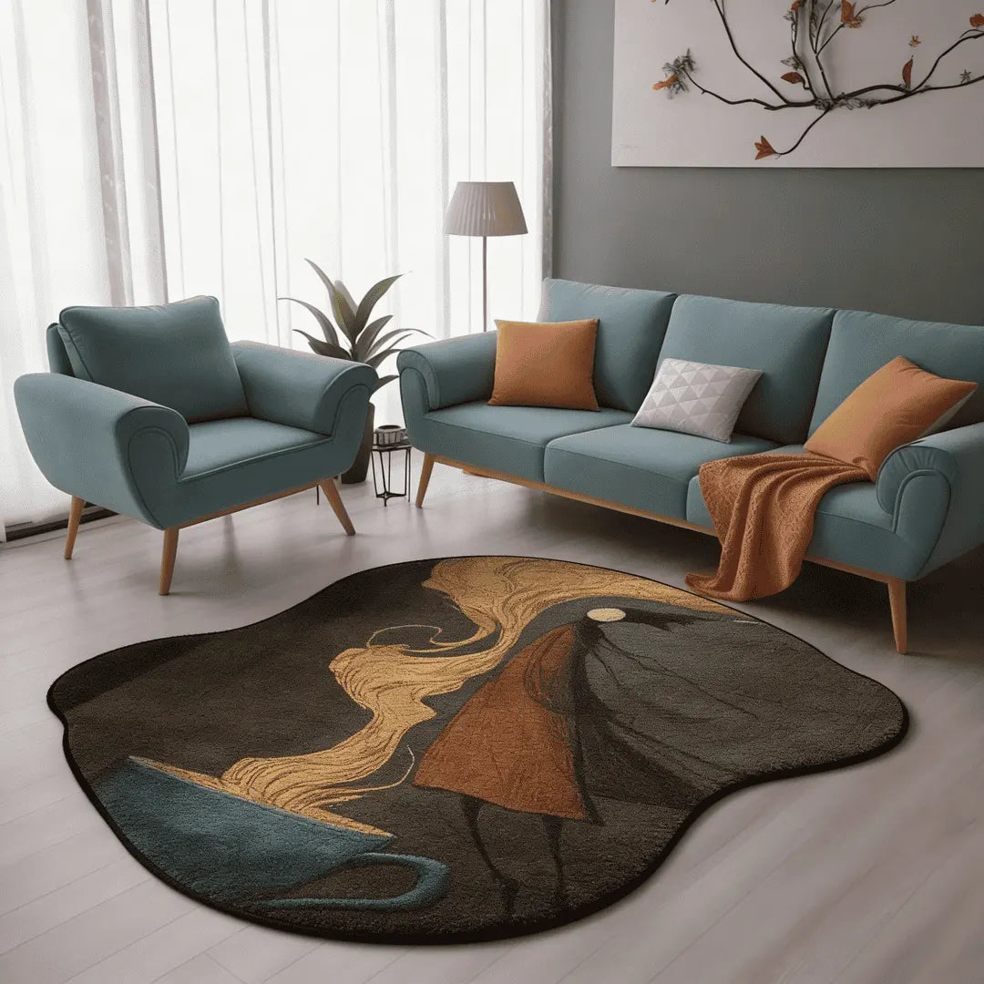 Irregular dark green and amber abstract rug living room
