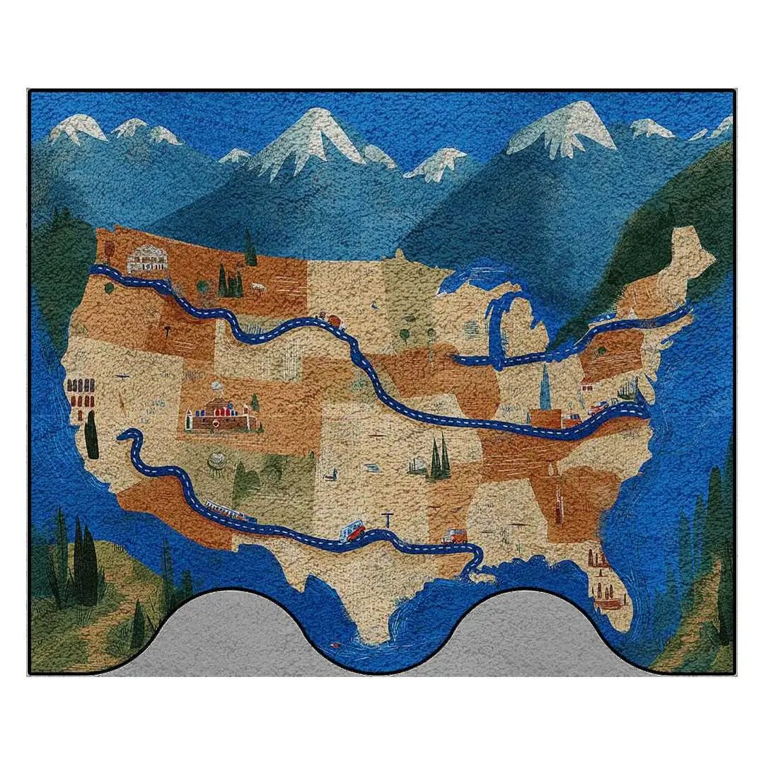 The Gentle Route illustrated USA map rug with winding river and scenic details in soft blue tones