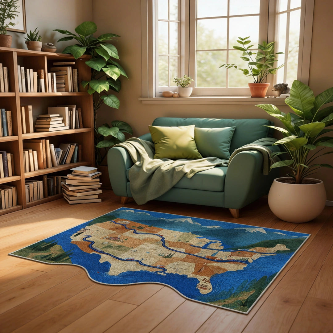 The Gentle Route map-inspired rug styled on a living room floor beside a sofa and bookshelf