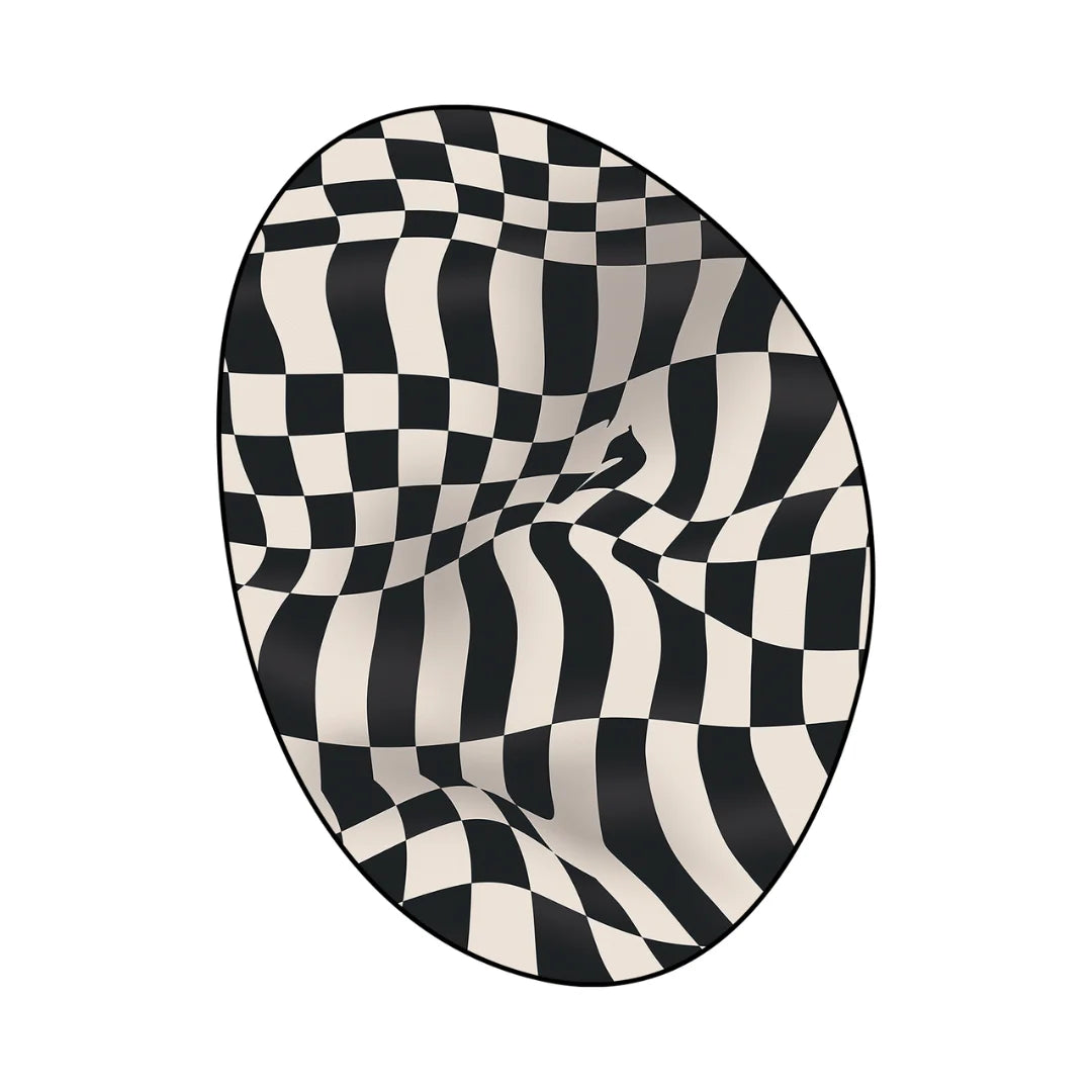 Irregular black and white warped checkered rug living room