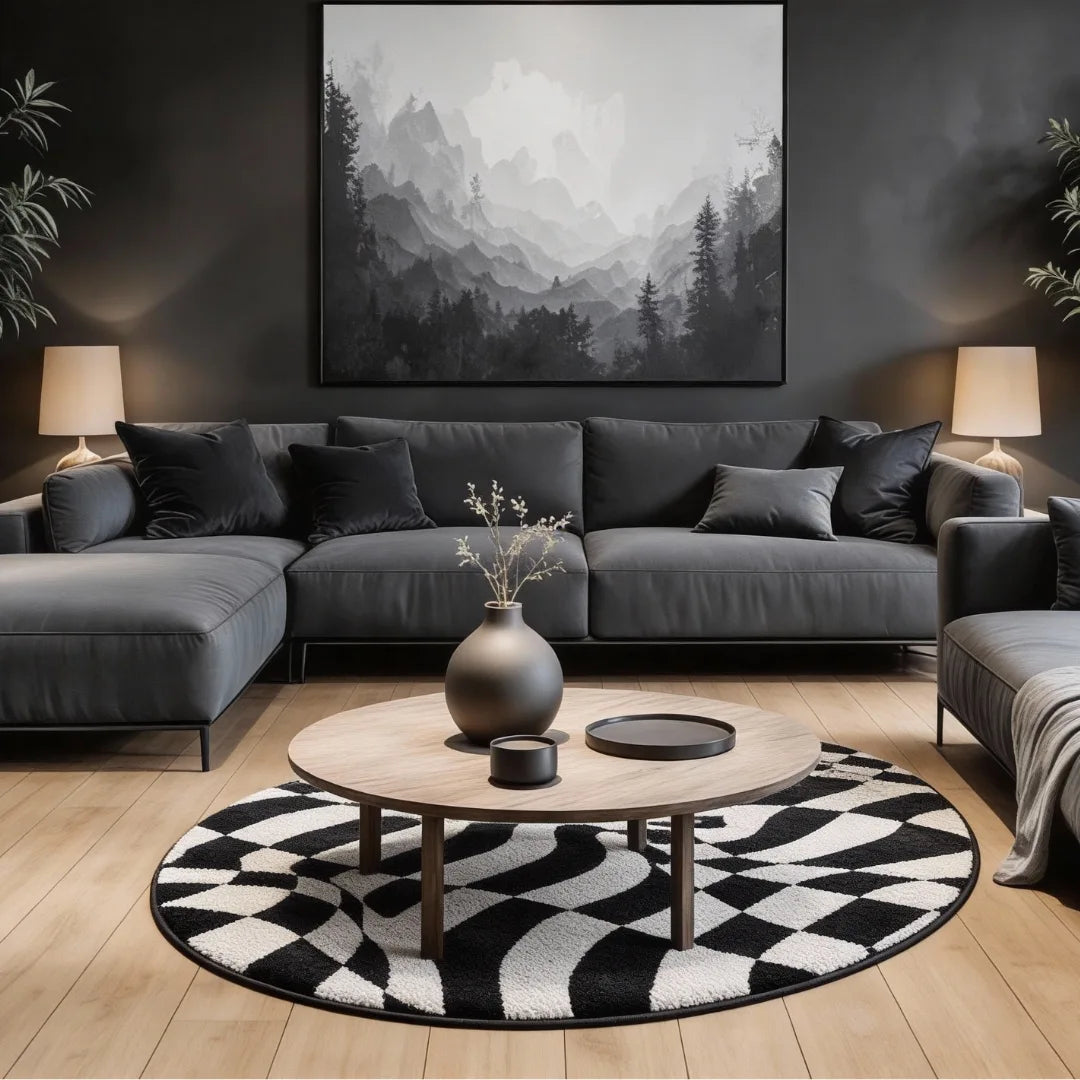 Irregular black and white warped checkered rug living room