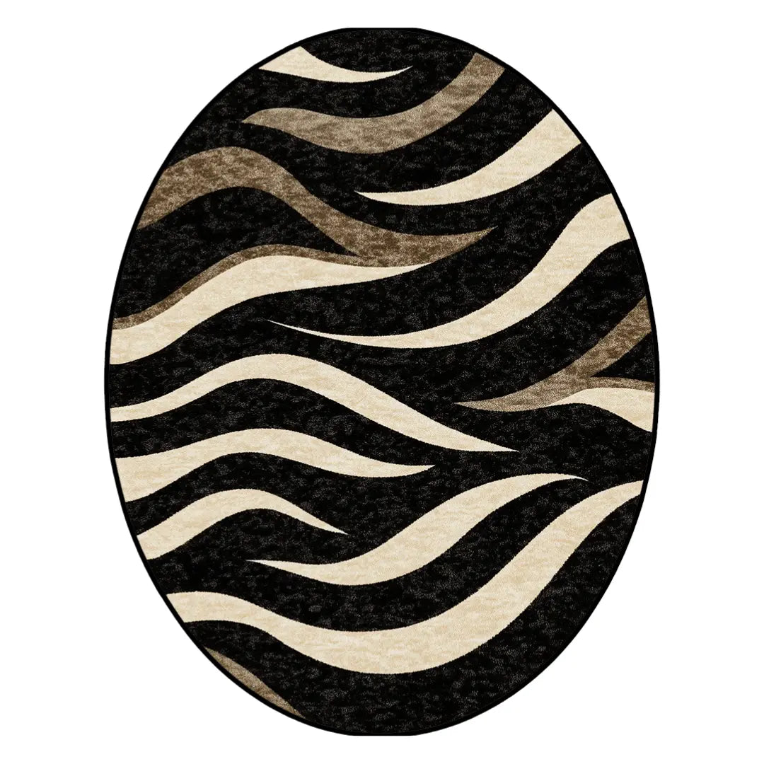 Zebra wave patterned rug in black, cream, and beige tones