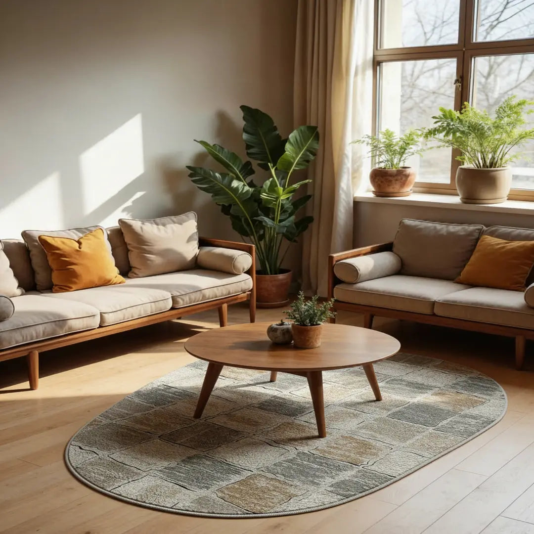 Irregular earthy beige and gray rug bedroom