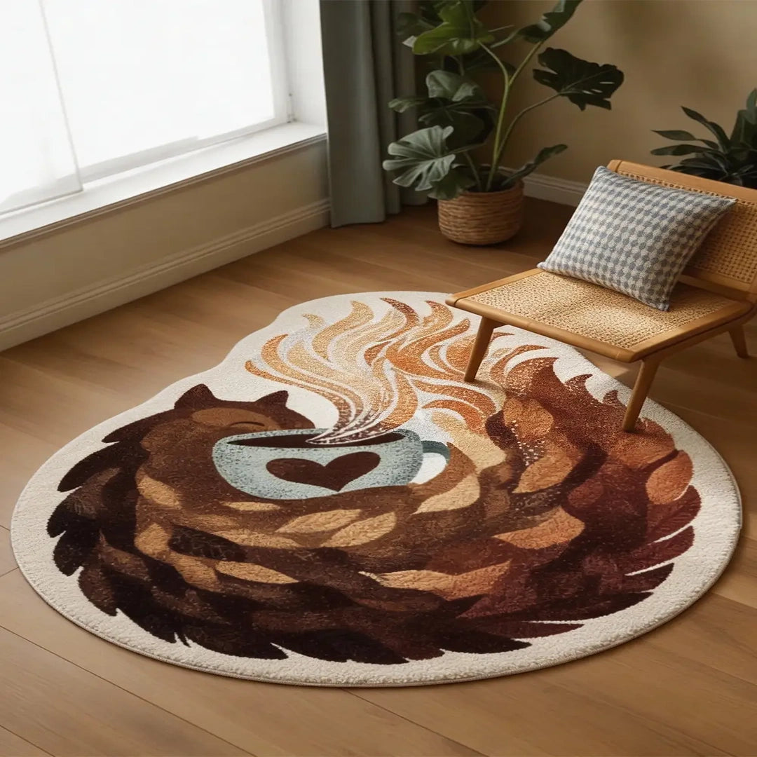 Irregular coffee-themed rug with a steaming cup design in warm brown tones, styled in a modern living room, soft faux cashmere rug by A Print Nest
