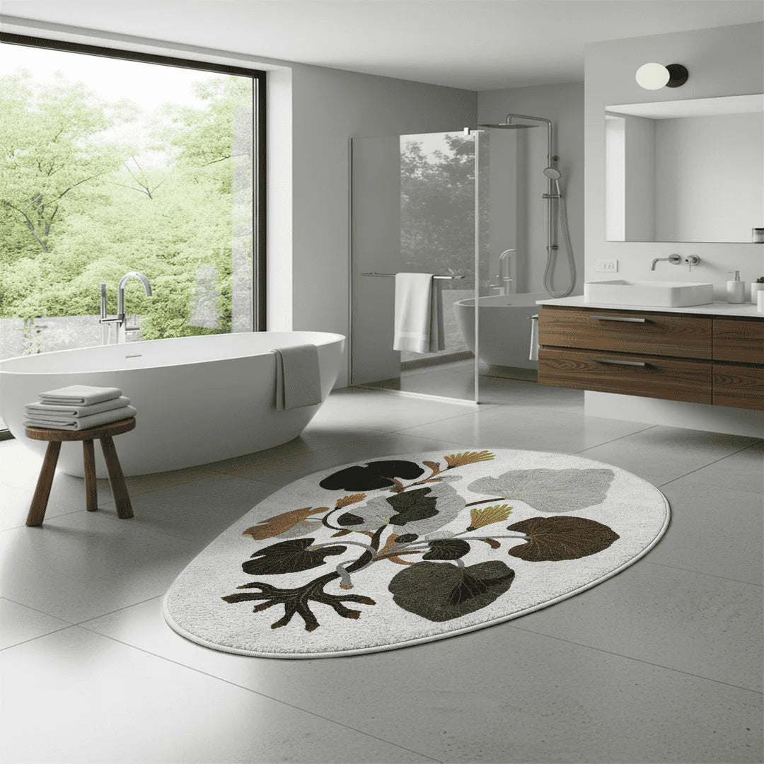 Floral botanical rug placed in a modern bathroom with a freestanding bathtub, soft natural light, and spa-inspired decor
