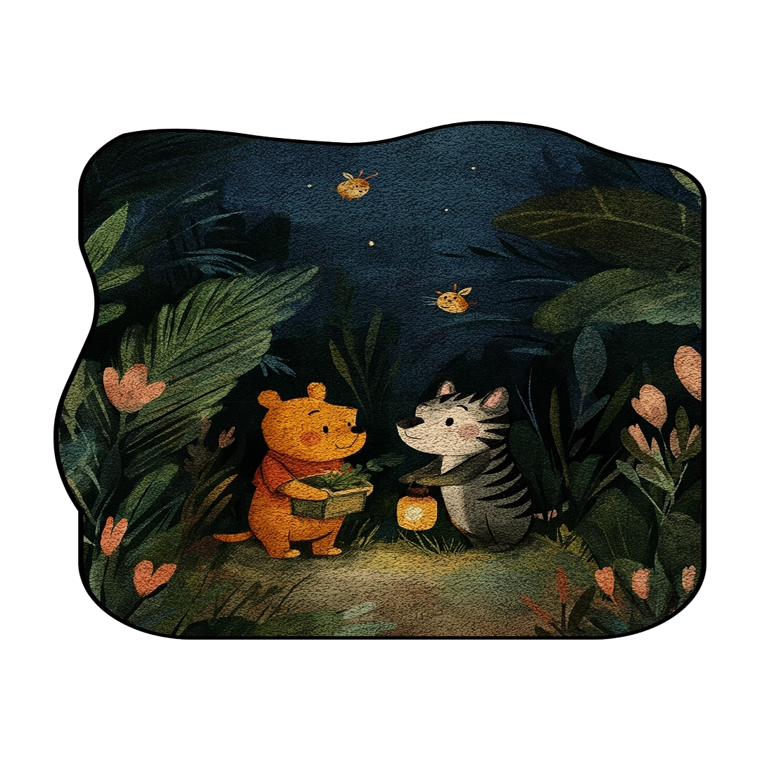 Winnie the Pooh rug featuring Pooh and a woodland friend holding lanterns in a nighttime forest scene