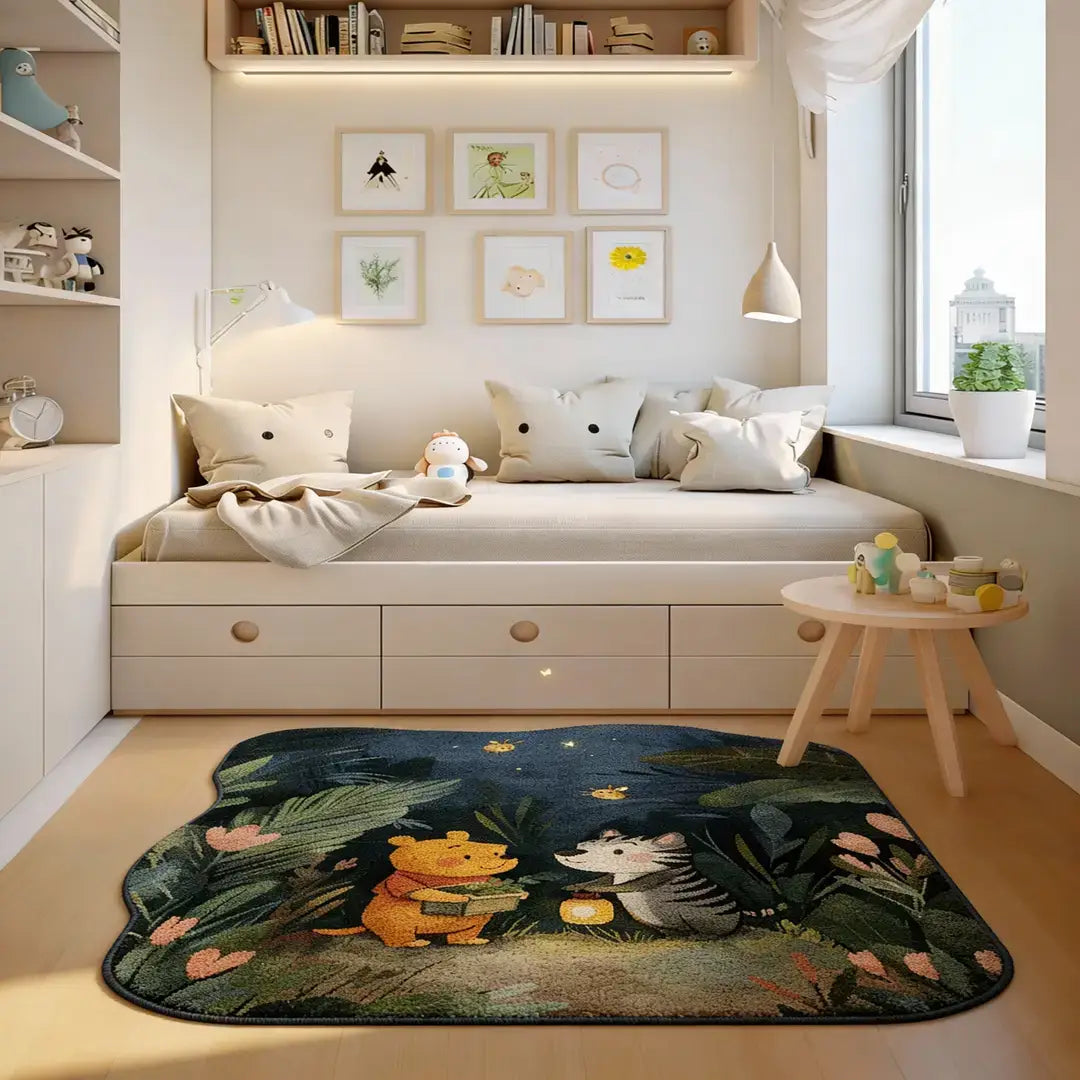 Winnie the Pooh rug placed in a cozy kids’ room, creating a warm and playful storybook setting