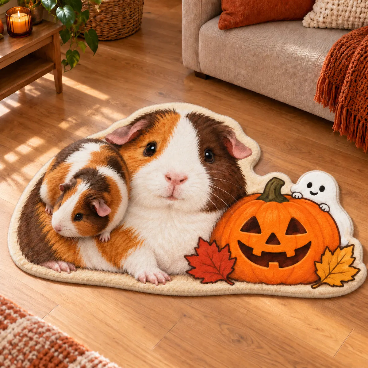 Custom Halloween guinea pig shaped faux cashmere rug with almond edging and a real guinea pig resting on it