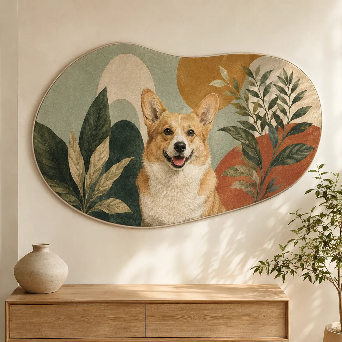 Custom corgi pet portrait wall rug with modern organic botanical artwork