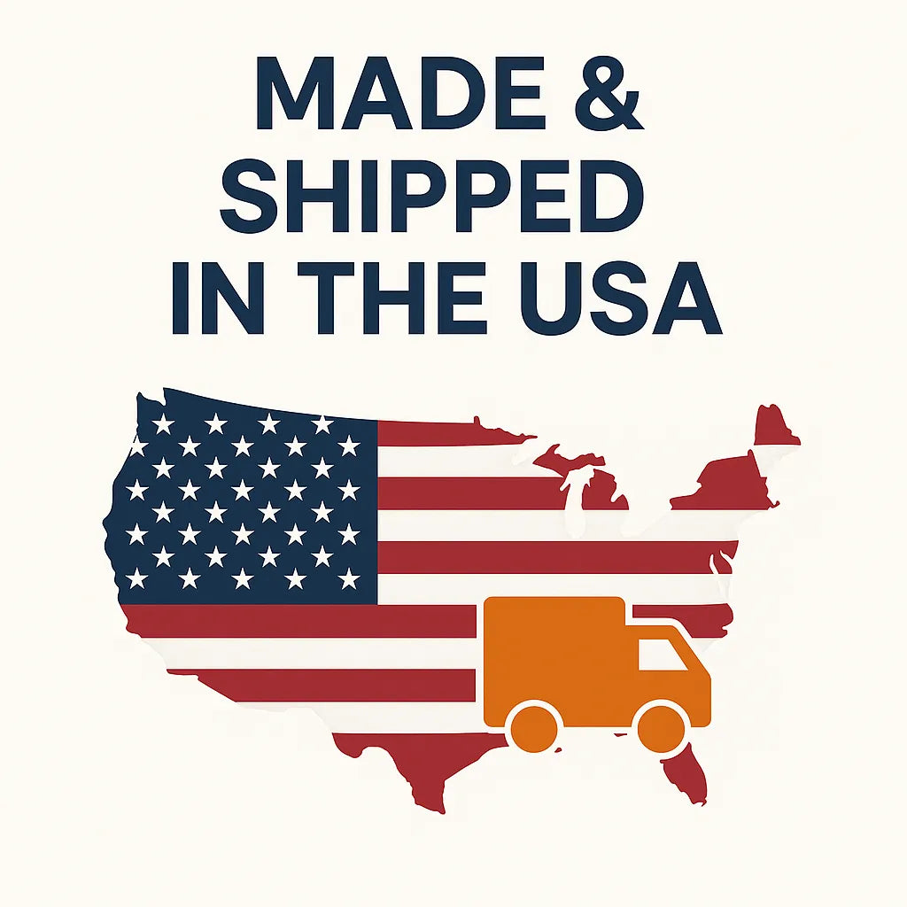 US map with American flag and orange factory plus delivery truck icon, labeled “US-Based Production & Shipping
