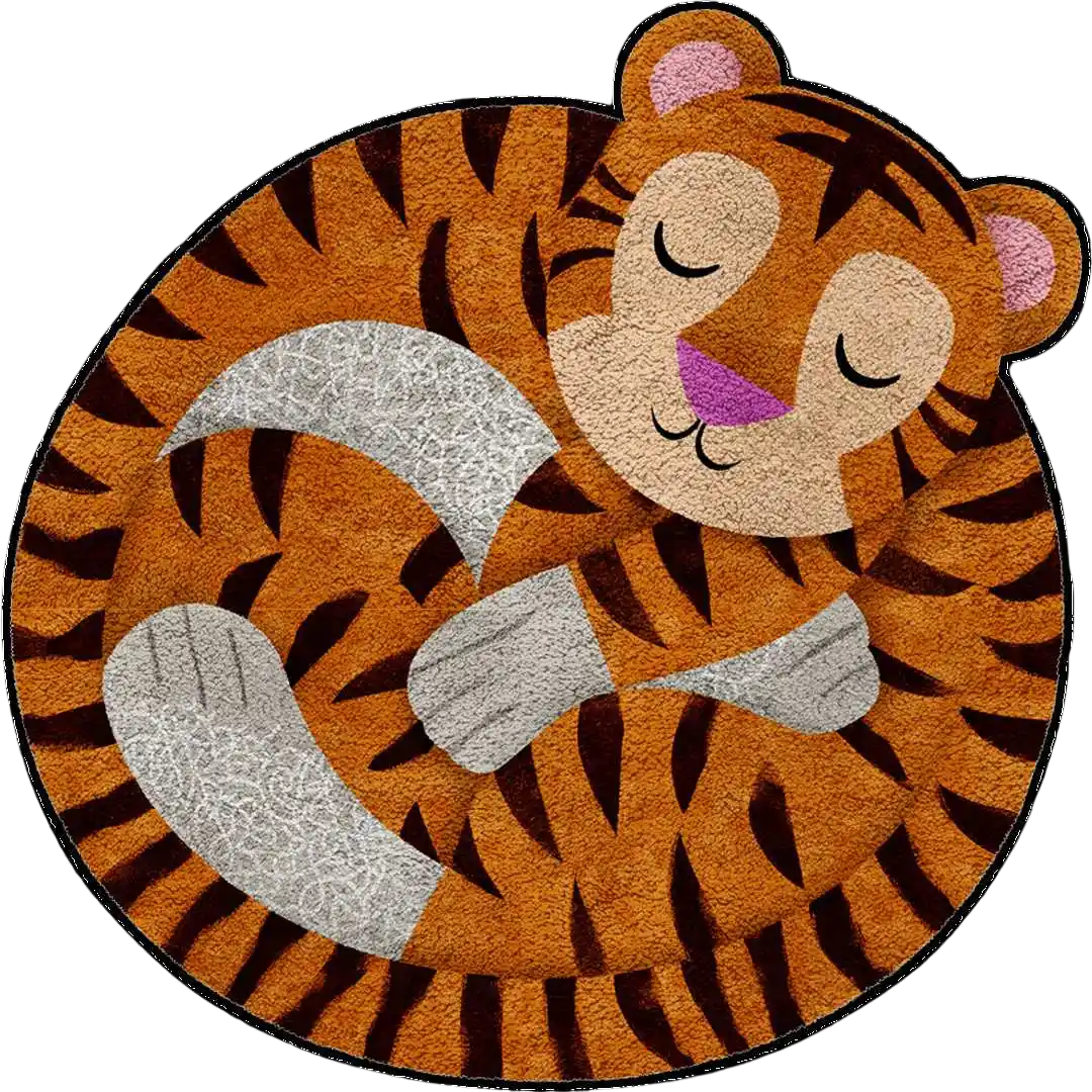 Cute sleeping tiger rug with a curled body design, made for kids rooms and play spaces.