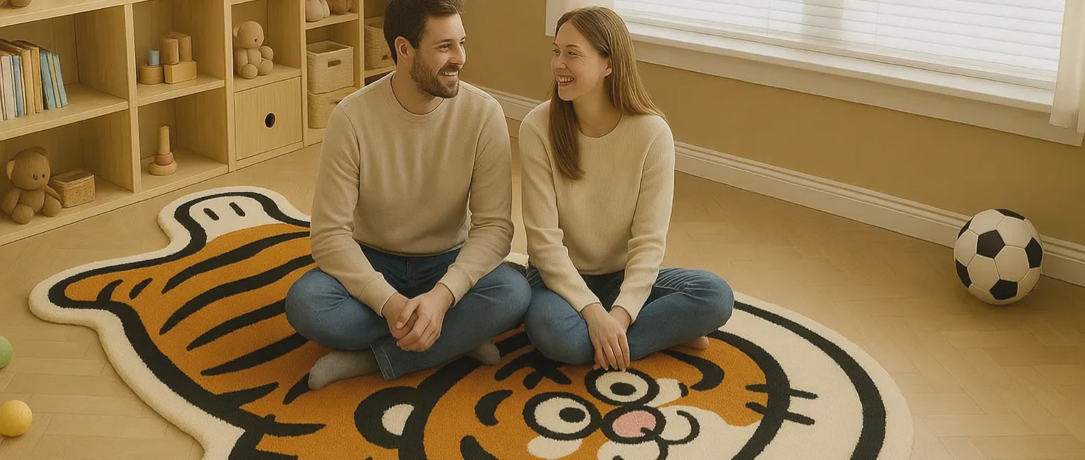 Family hug on a tiger Irregular-shaped rug