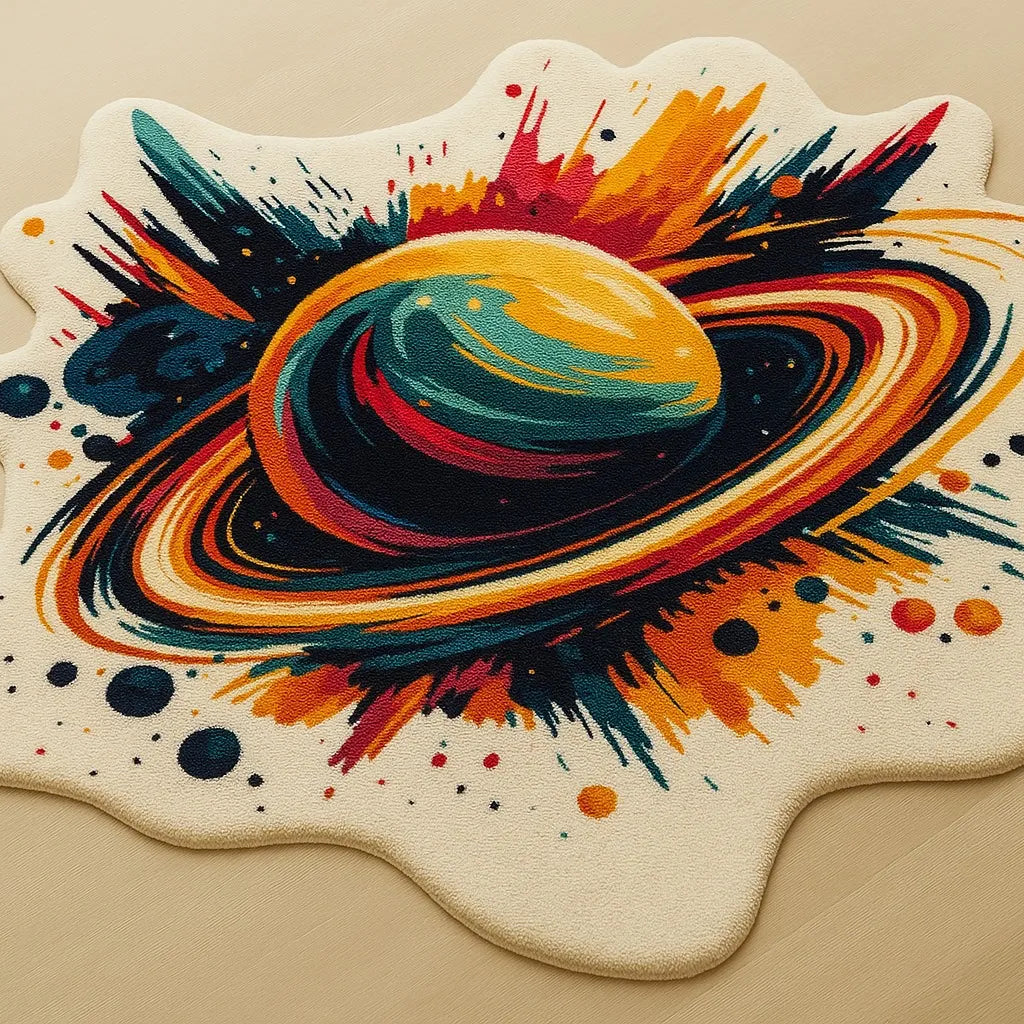 Faux cashmere irregular rug on wooden floor, featuring a vibrant splash-style Saturn design in orange, teal, and red tones – cozy texture with smooth white edging.