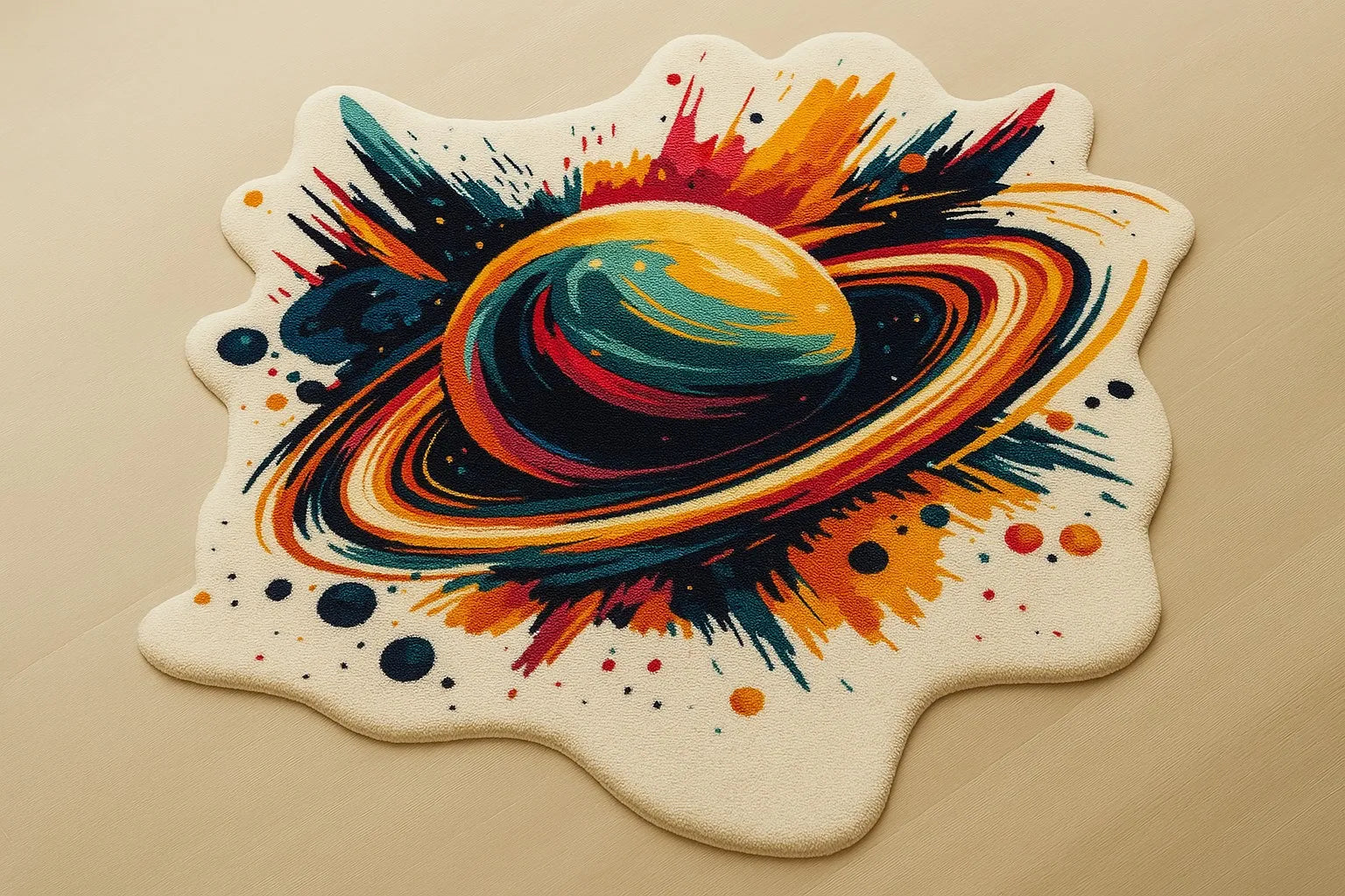 Faux cashmere irregular rug on wooden floor, featuring a vibrant splash-style Saturn design in orange, teal, and red tones – cozy texture with smooth white edging.