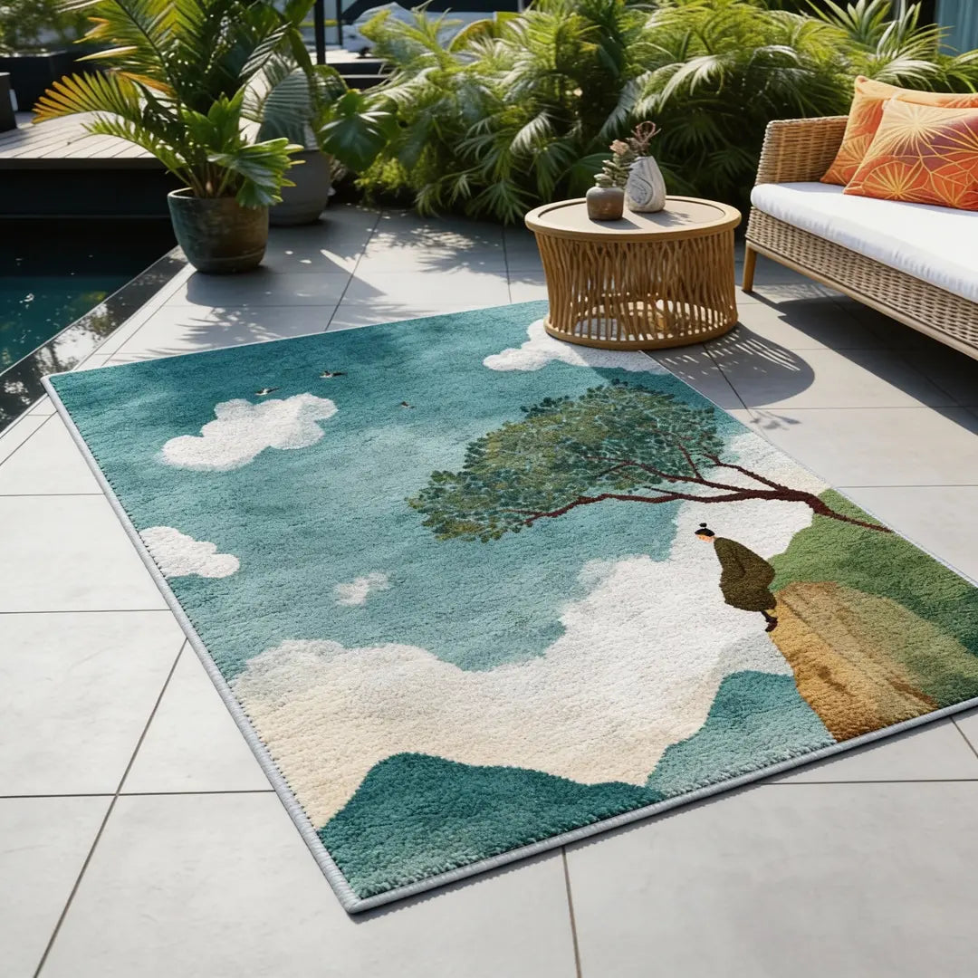 Irregular-shaped faux cashmere rug placed in a serene balcony space, featuring a solitary figure under a tree against an open sky.