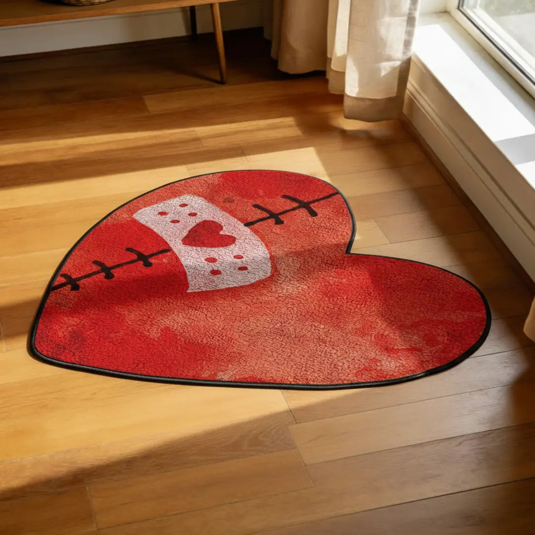 Organic-shaped heart rug in a modern living room, featuring a stitched heart design on a soft faux cashmere surface.