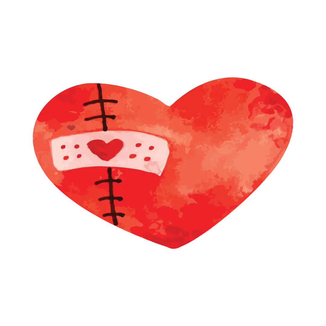 Illustrated stitched heart artwork with visible seams, symbolizing healing, resilience, and love.