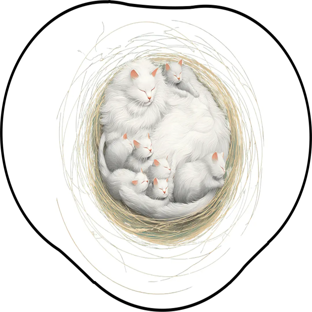 Close-up view of The Shape of Comfort rug artwork showing a white cat family curled together in a nest, symbolizing warmth, belonging, and comfort.