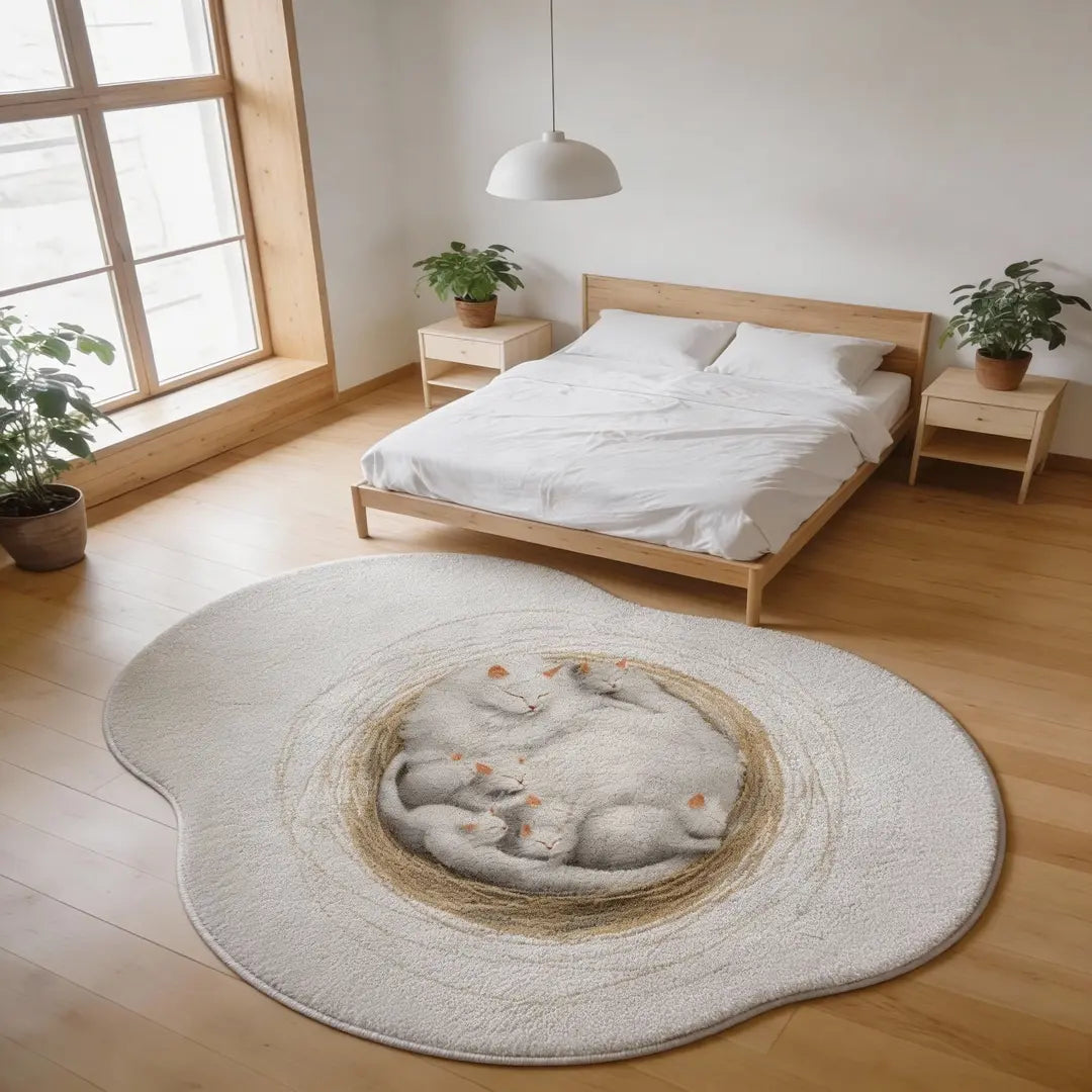 Irregular faux cashmere rug featuring a sleeping cat family design placed in a minimalist bedroom with natural wood furniture and soft daylight.