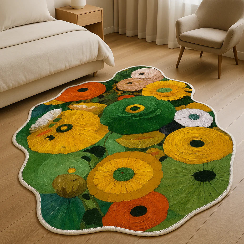 Irregular flower-shaped rug with abstract sunflower-inspired circular patterns in green, yellow, and earthy tones, placed beside a modern bed in a minimalist bedroom
