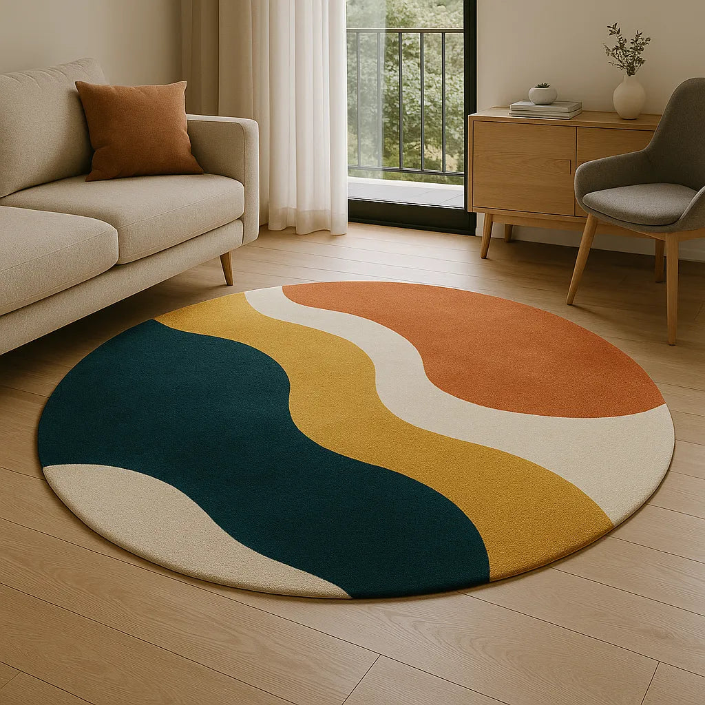 Round modern rug with wavy orange, yellow, and teal patterns in a cozy living room — stylish home decor and unique housewarming gift idea.