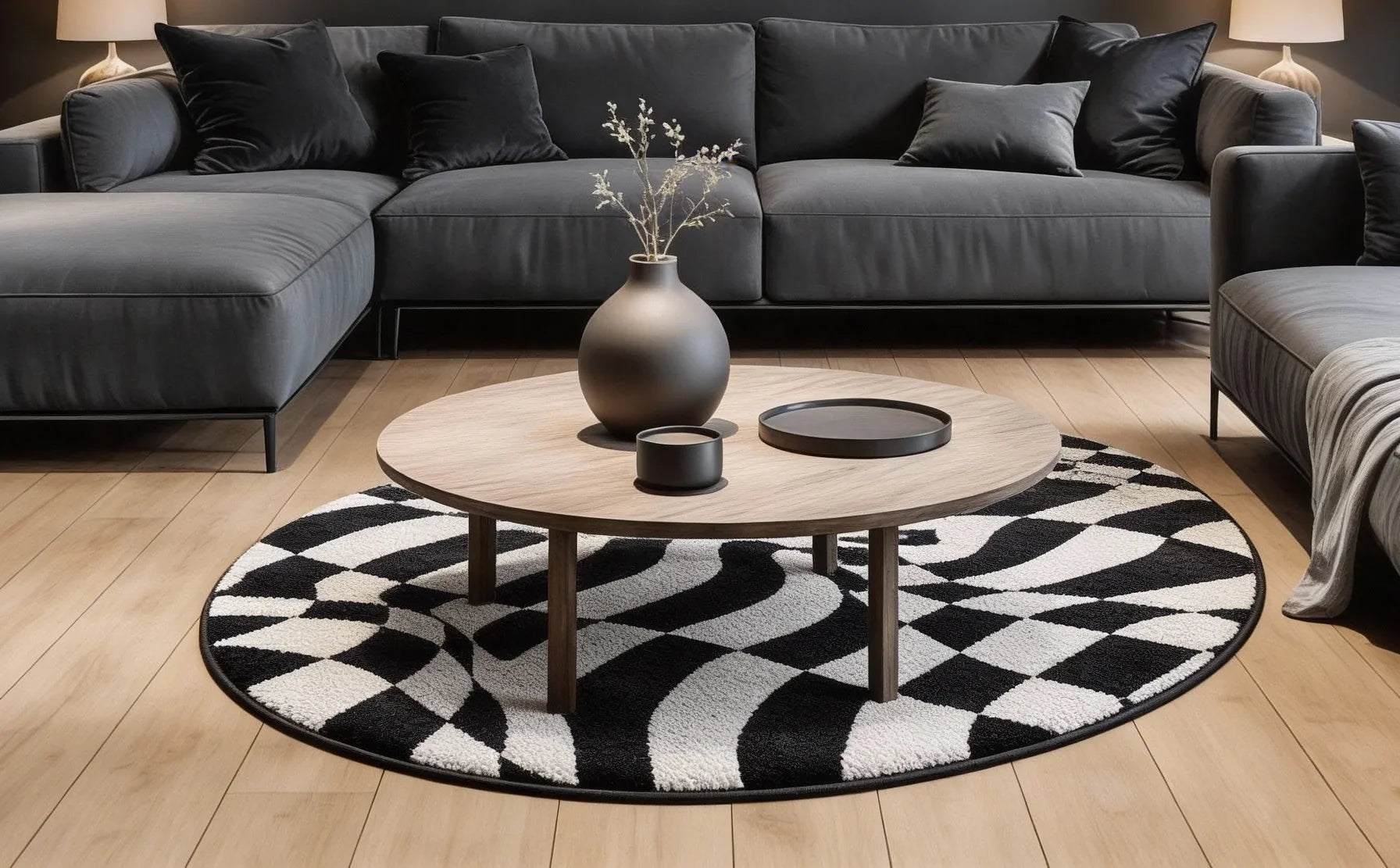 Irregular black and white checkered rug living room
