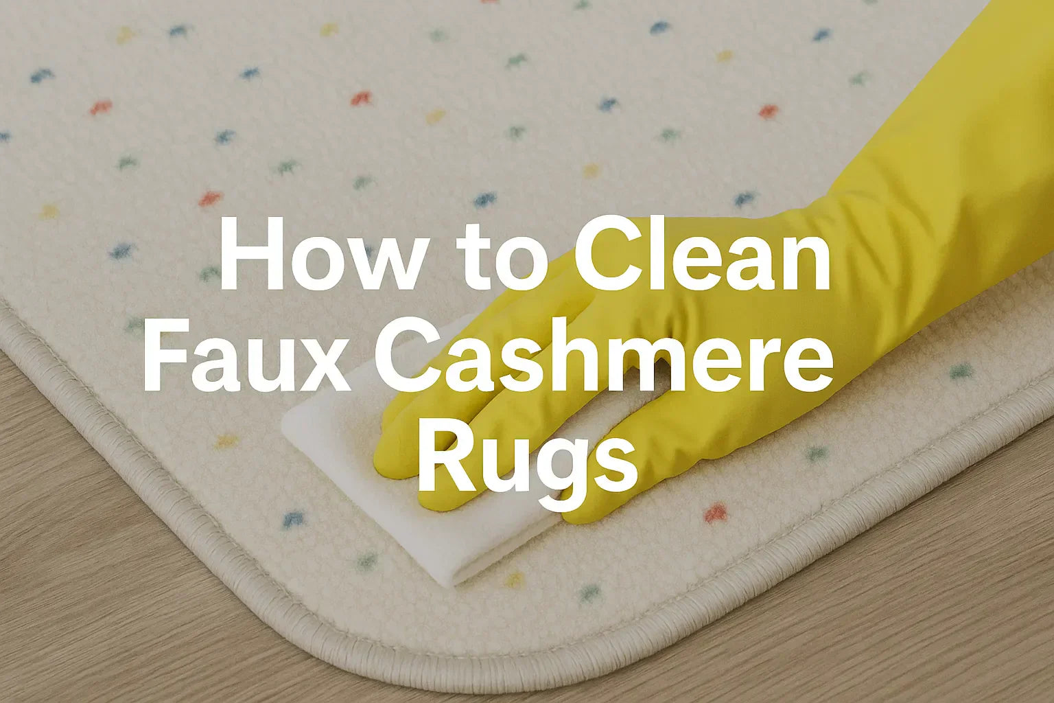 Yellow-gloved hand spot-cleaning a cream faux cashmere rug with a soft cloth on a wooden floor.