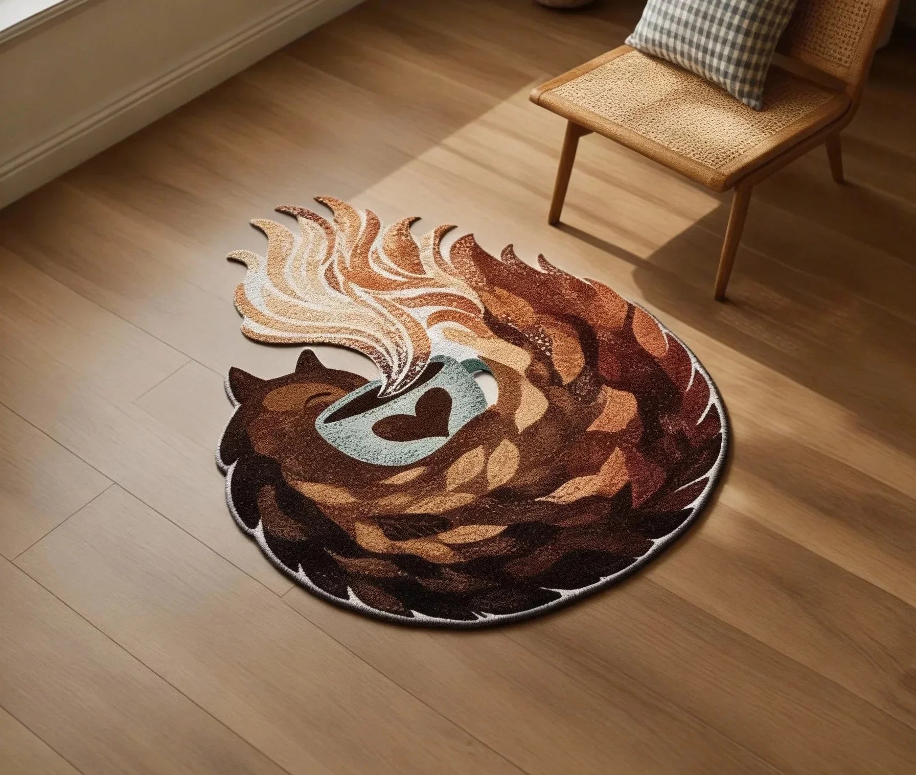 Irregular shaped artistic rug in a modern living room, featuring an abstract swirling design in warm brown, beige, and cream tones, placed on a light wood floor beside a wooden chair for a cozy, designer look.