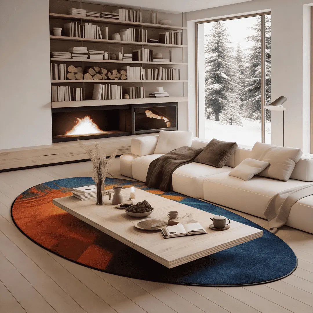 Irregular orange blue abstract checkered rug living room