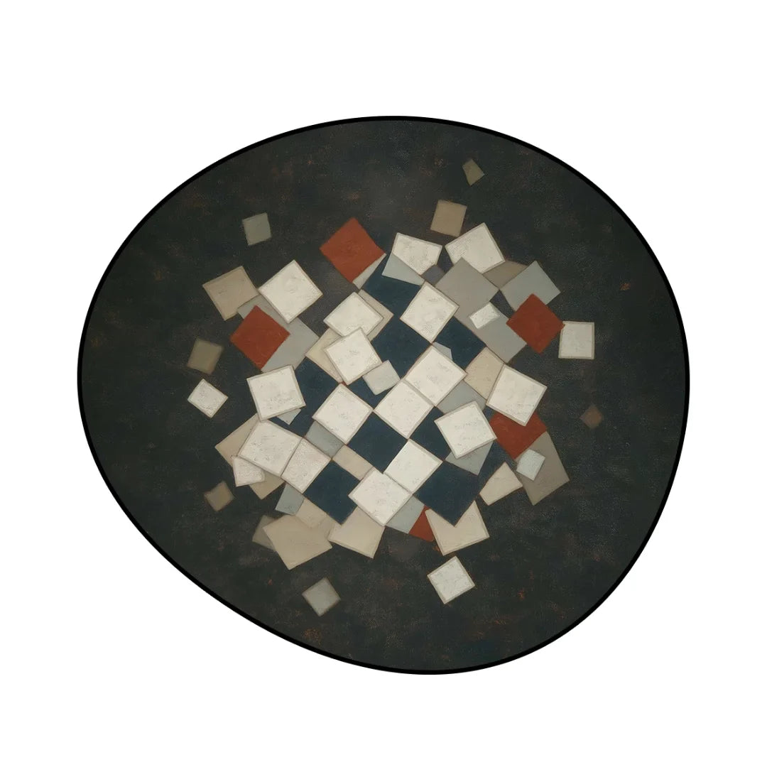 Fragment irregular rug featuring abstract fragmented geometric tiles in charcoal, beige, blue, and rust on a dark background