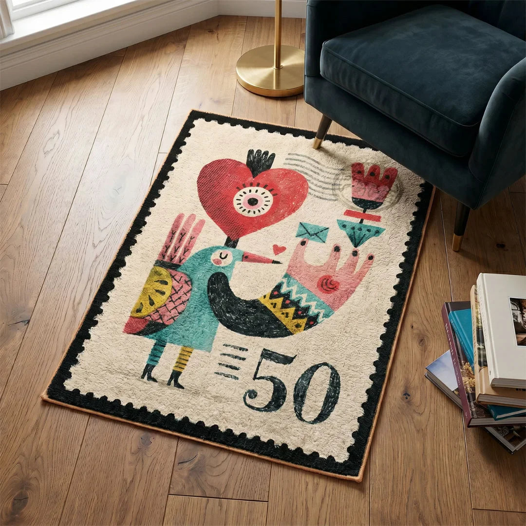 Stamp inspired rug living room by A Print Nest