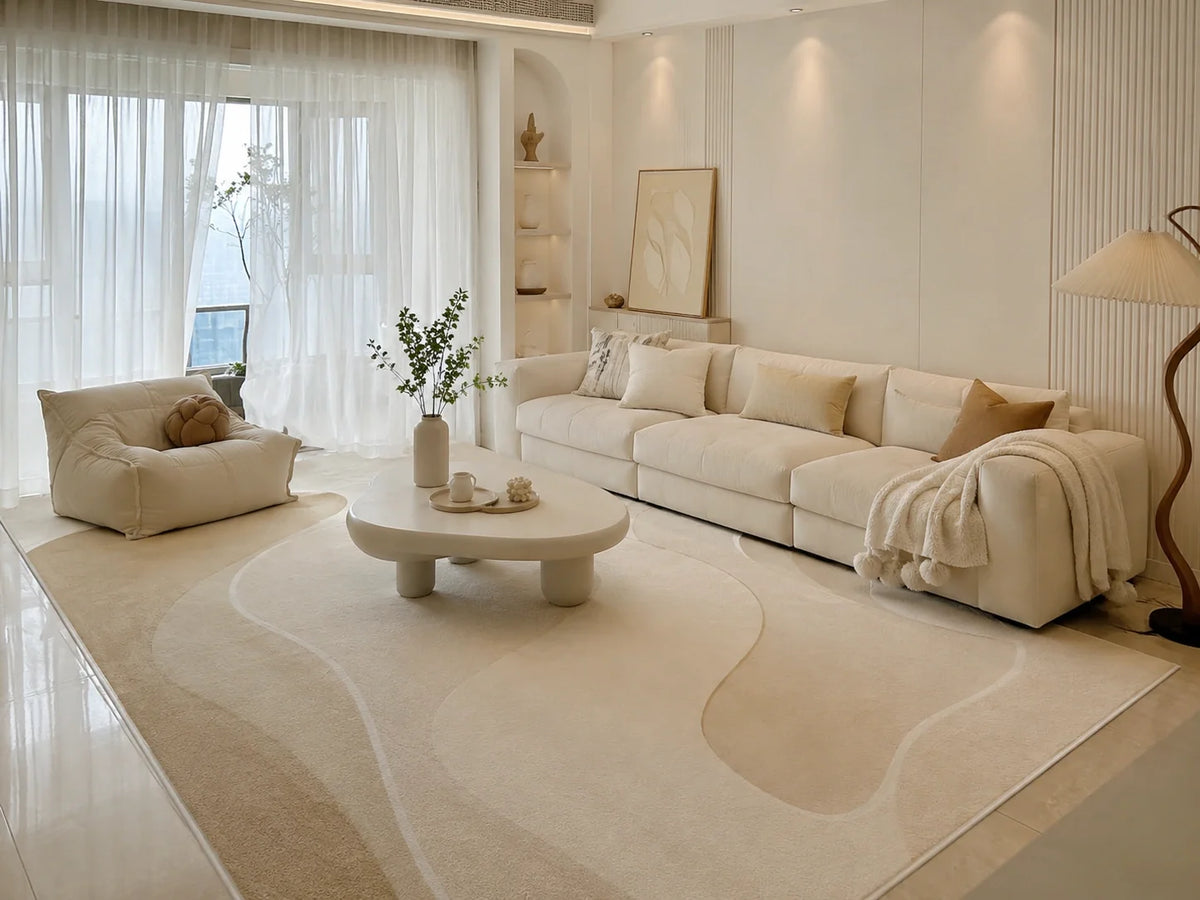 Custom dog portrait rug in a cozy modern living room with soft neutral decor and warm natural lighting