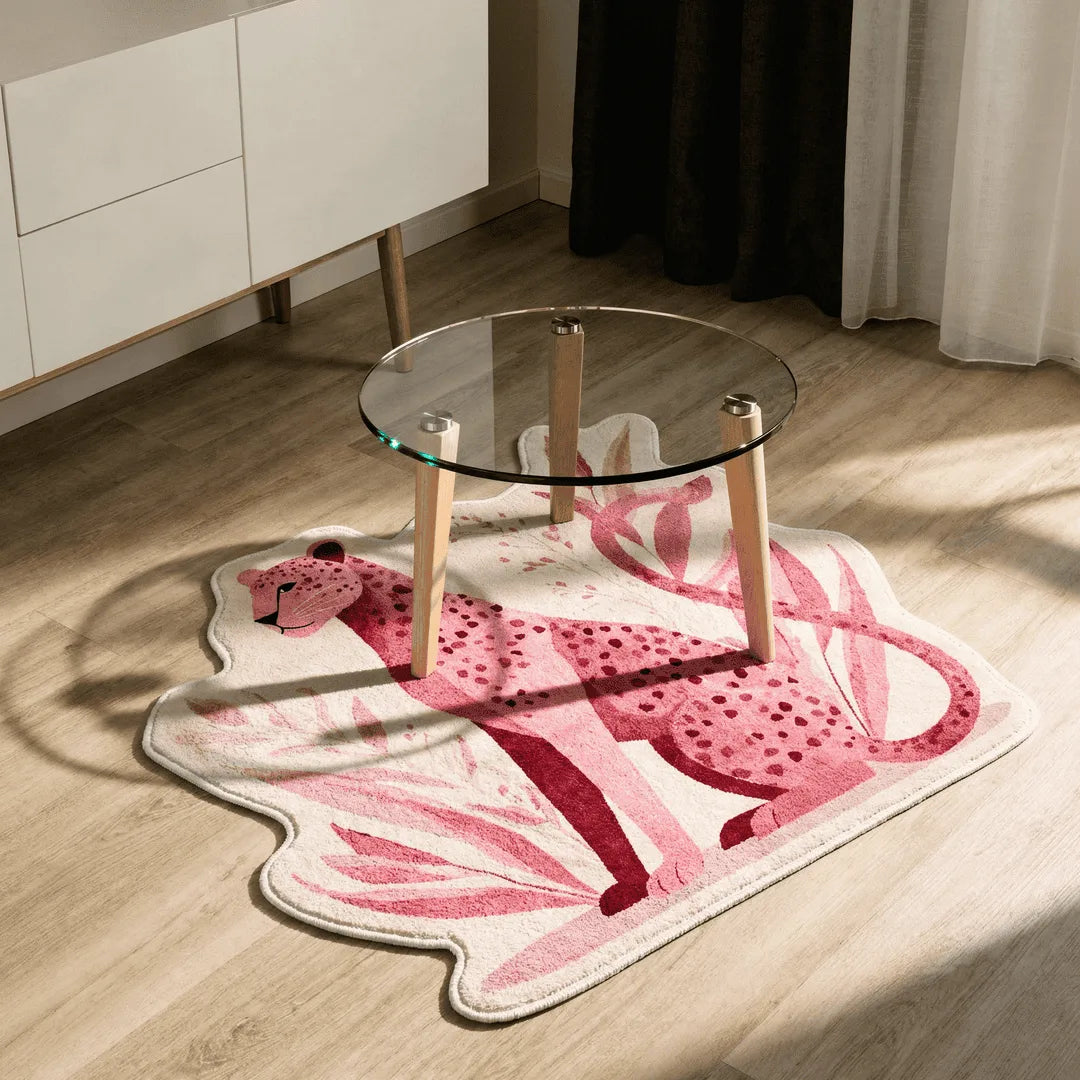 Irregular pink leopard rug living room