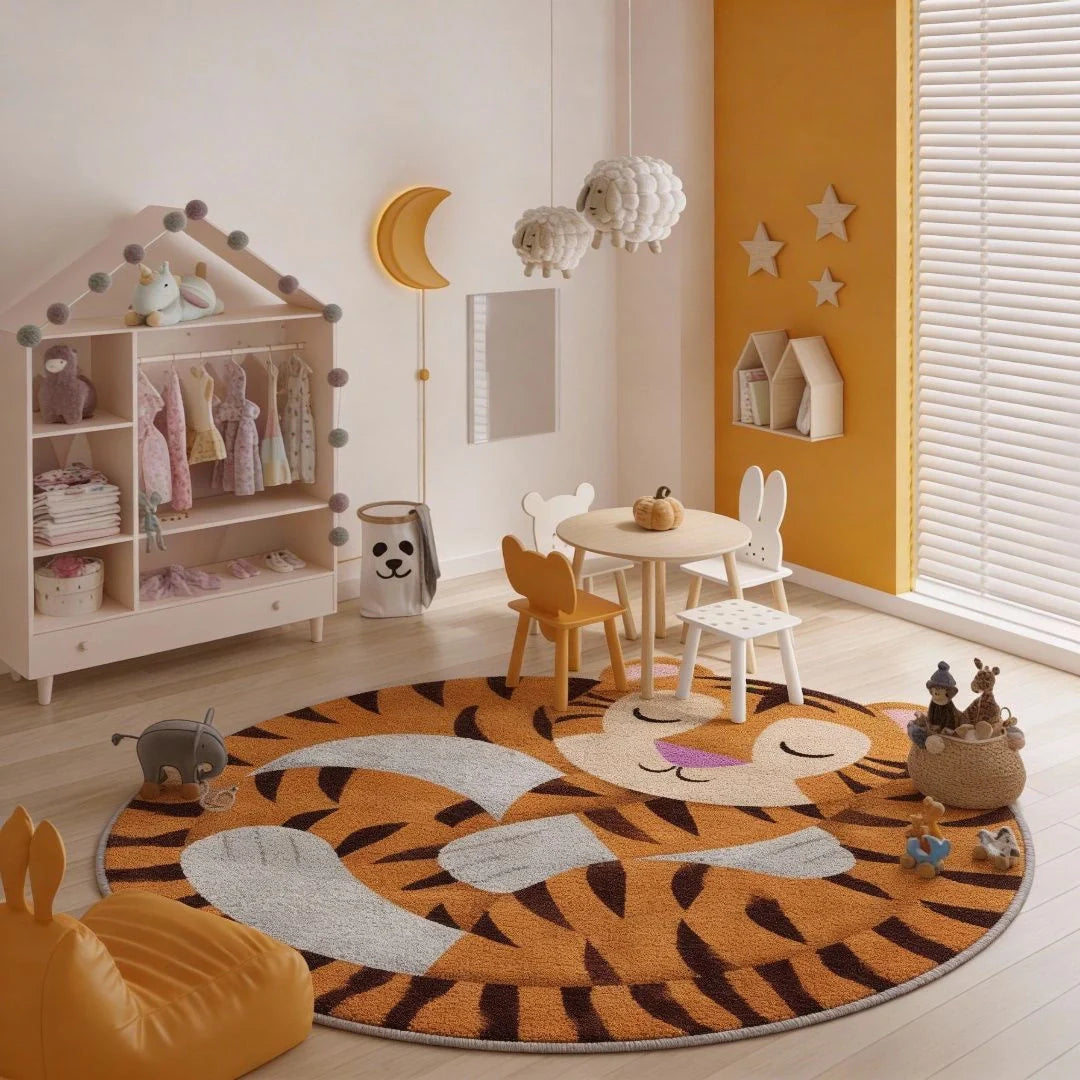 Sleeping tiger kids rug in a cozy nursery, featuring a curled-up tiger design with warm tones.
