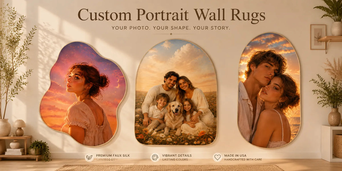 Custom shaped portrait wall rugs collection featuring organic, arch, and capsule designs displayed as premium faux silk wall art