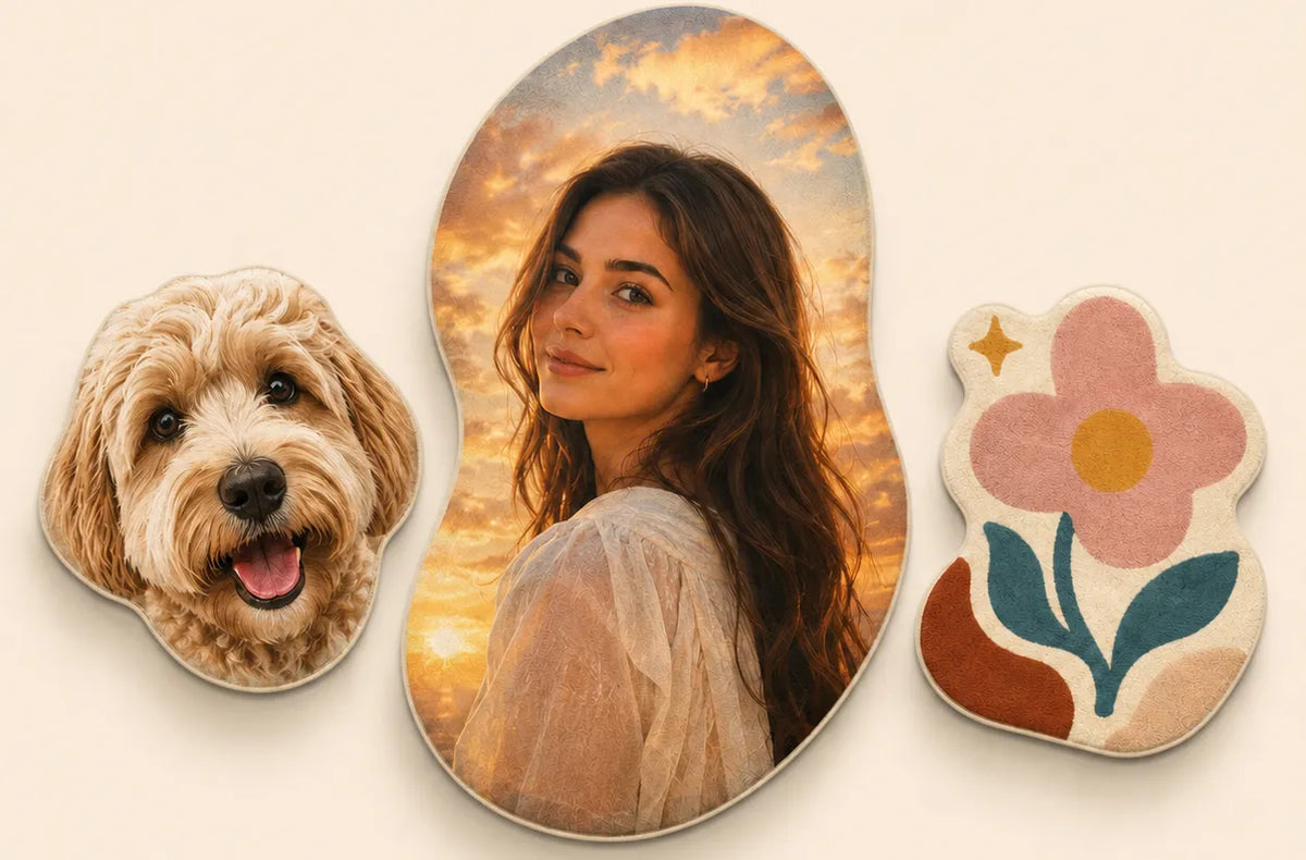 Custom shaped rug collection with pet, portrait, and floral irregular rug designs