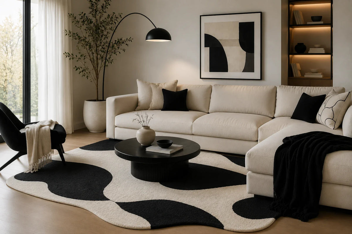 Irregular black and white warped checkered rug living room