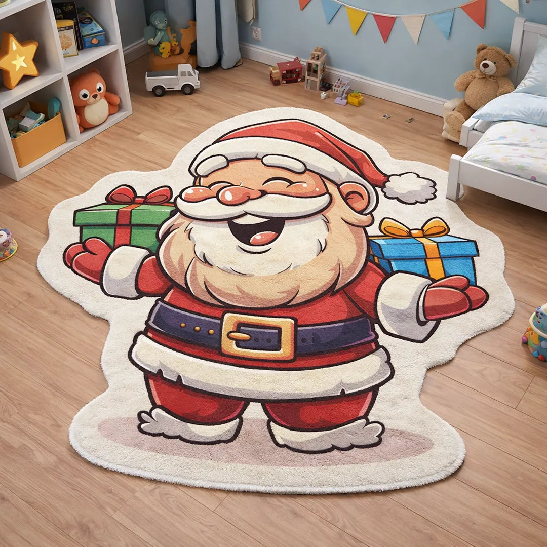 Santa shaped kids rug made from soft faux cashmere, irregular rug with white stitched edges in a children’s bedroom