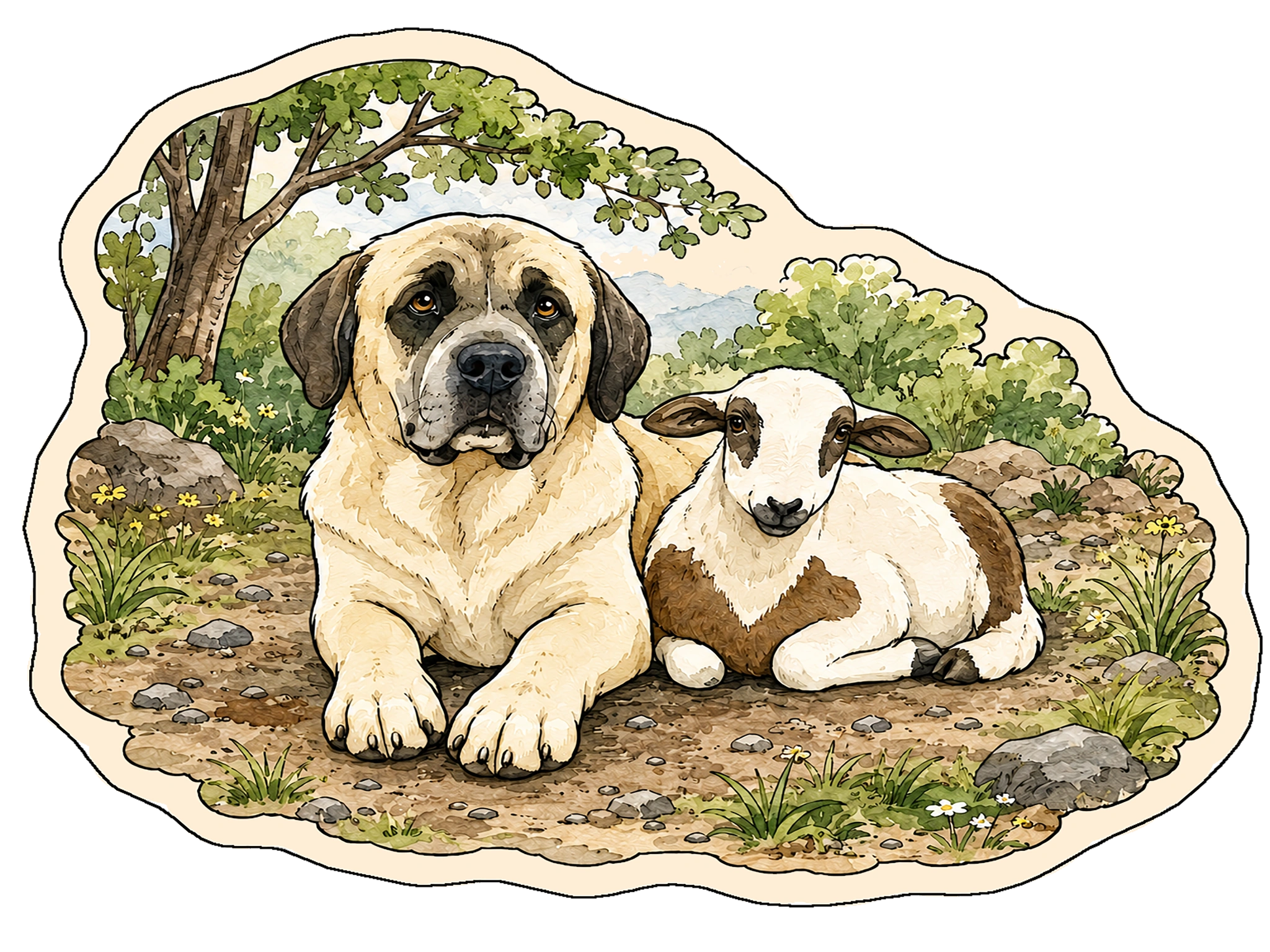 Guardian's Companion Dog and Lamb Shaped Rug featuring a watercolor guardian dog and lamb in a peaceful nature scene