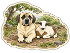 Guardian's Companion Dog and Lamb Shaped Rug featuring a watercolor guardian dog and lamb in a peaceful nature scene