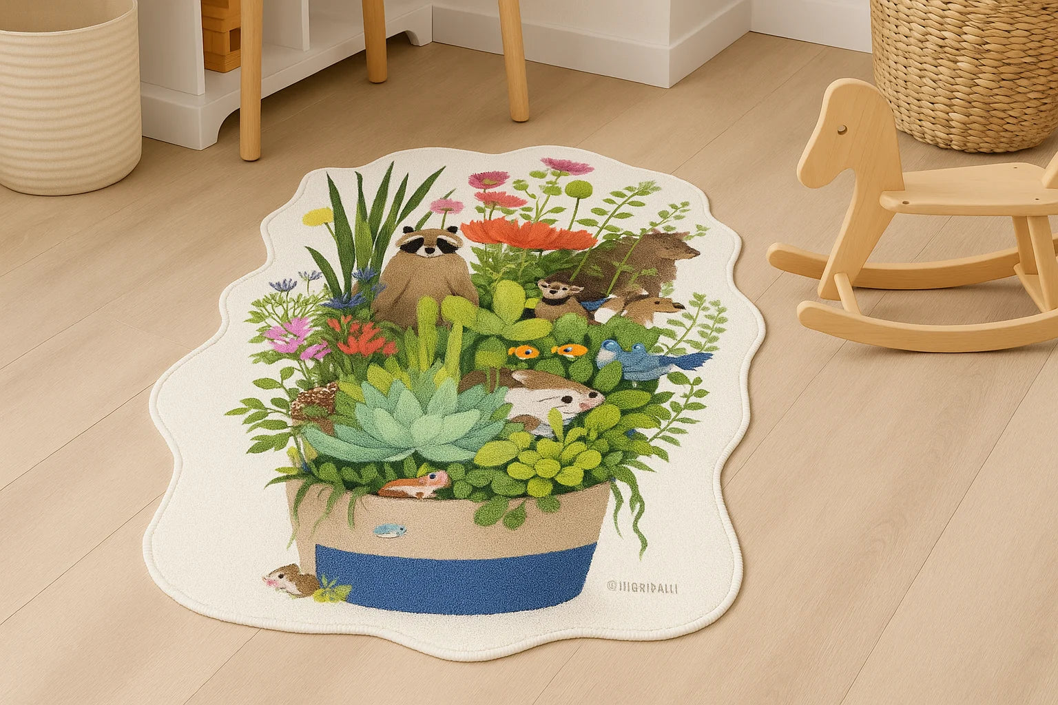 Animal garden kids rug with cute forest animals and flowers, soft faux cashmere texture, wavy edges, anti-slip backing, perfect for nursery or playroom.