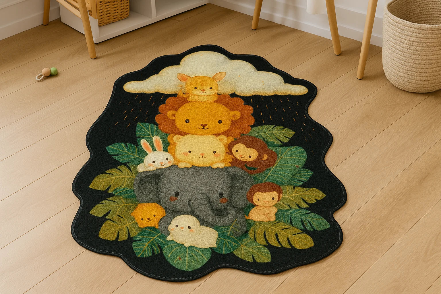 Jungle animal kids rug with cute elephant, lion, and monkey design, soft faux cashmere texture, wavy edges, anti-slip backing, perfect for nursery or playroom.