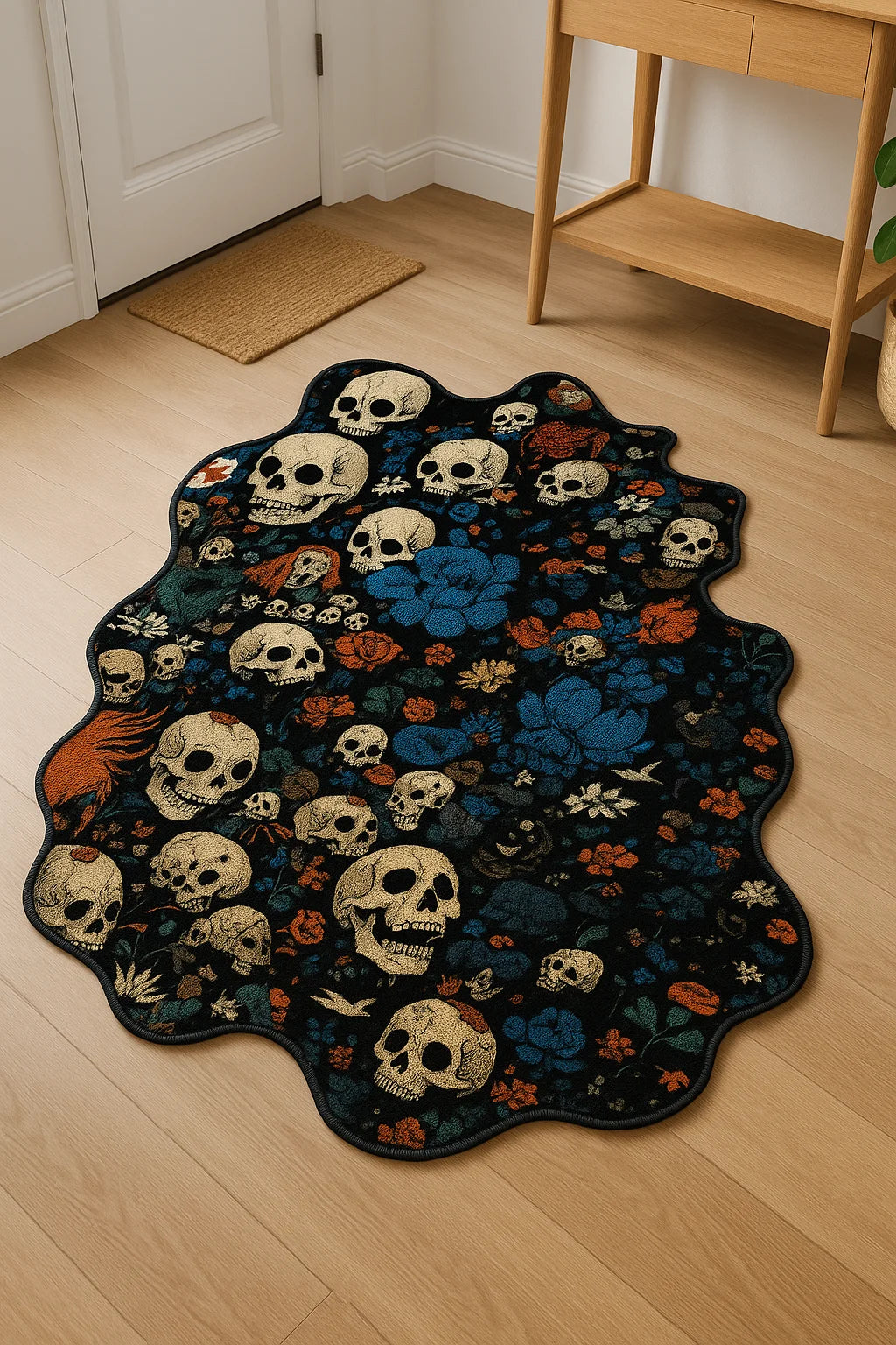 Black irregular rug with skull and floral design, soft faux cashmere texture, anti-slip backing, perfect for gothic or Halloween-themed home decor.
