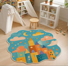 Irregular kids play rug with colorful castle, clouds, stars, and moon design, soft faux cashmere texture, anti-slip backing, placed in a cozy playroom.
