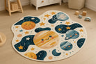Kids space rug with cute planets and stars, soft faux cashmere texture, wavy edges, anti-slip backing, perfect for playroom or nursery.