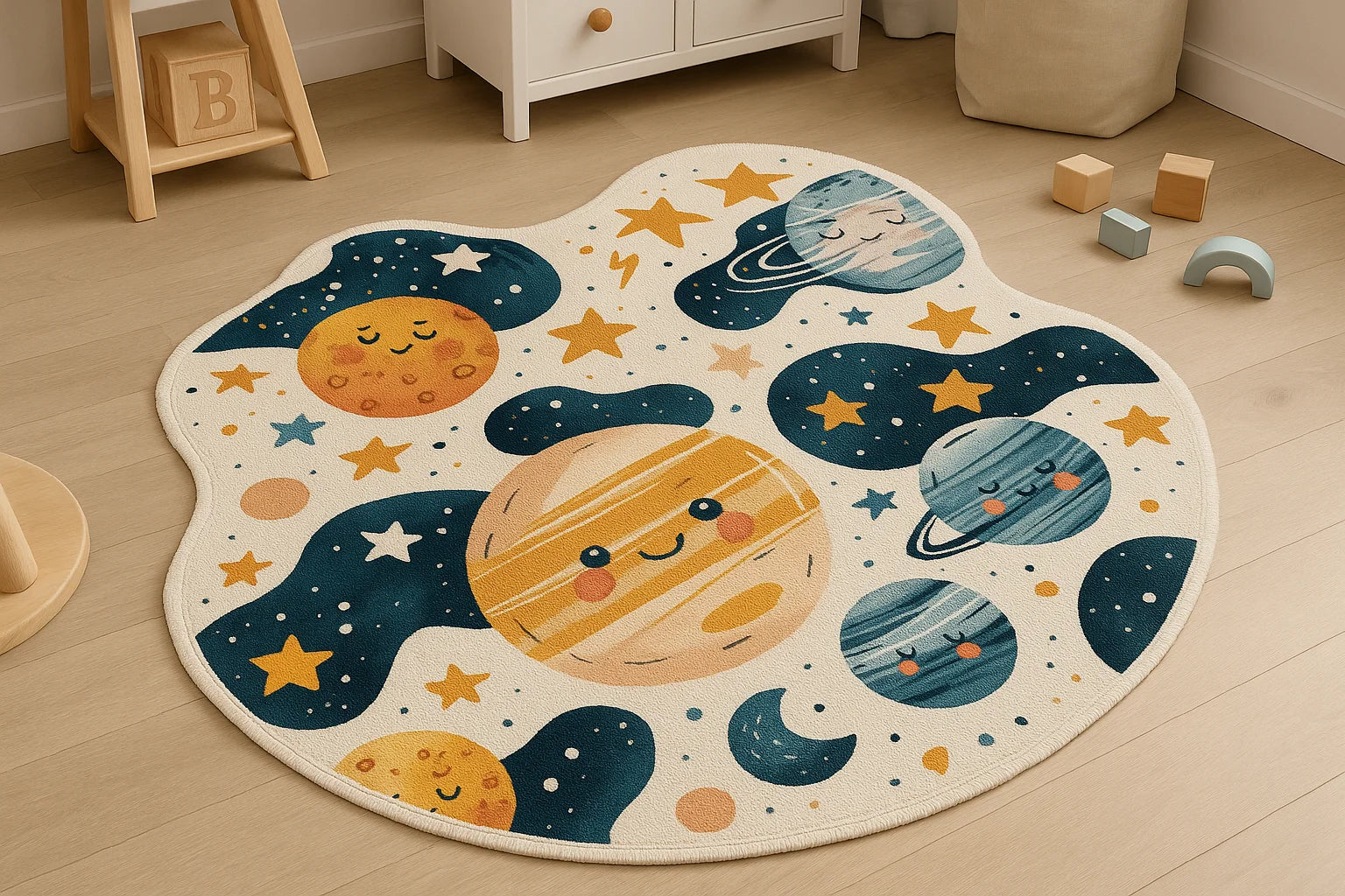 Kids space rug with cute planets and stars, soft faux cashmere texture, wavy edges, anti-slip backing, perfect for playroom or nursery.