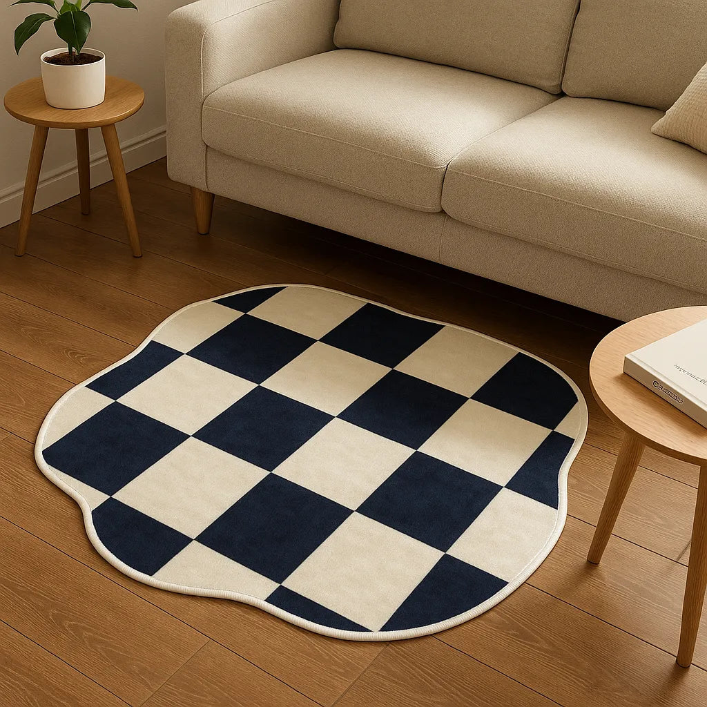 Irregular-shaped ichimatsu grid rug