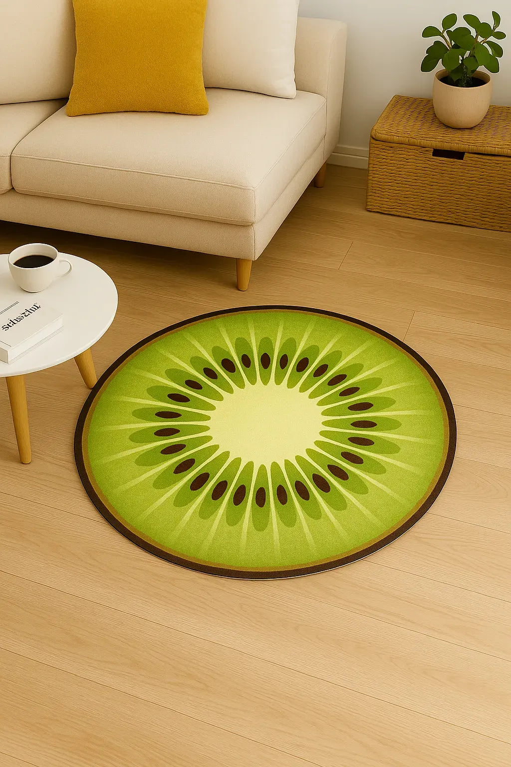 Faux silk kiwi slice rug on wood floor in modern living room – A Print Nest