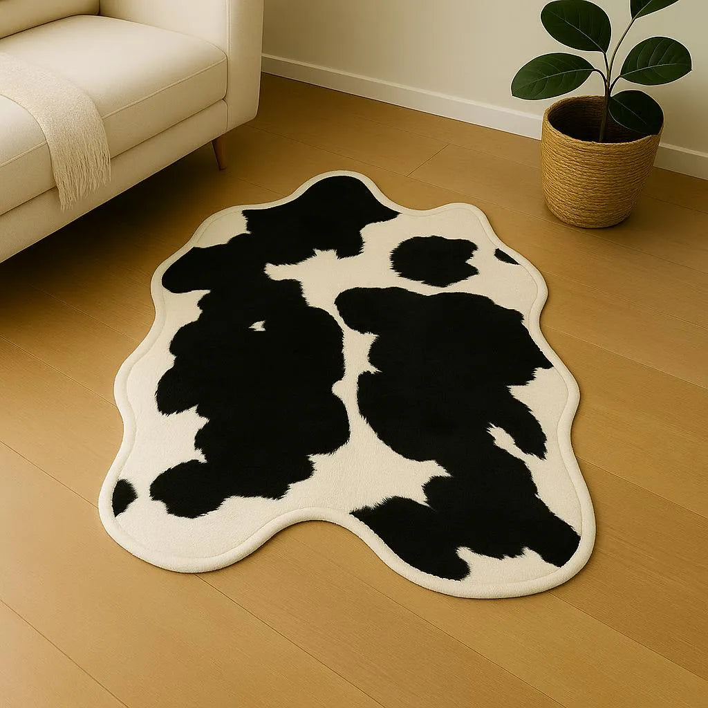 Irregular-shaped moo mood cow rug